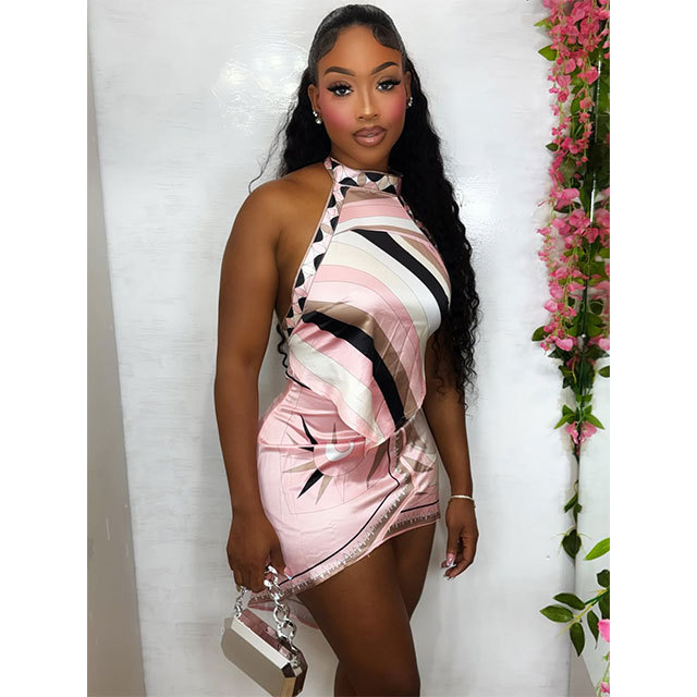Printed Halter Neck Backless Top Irregular skirt Set