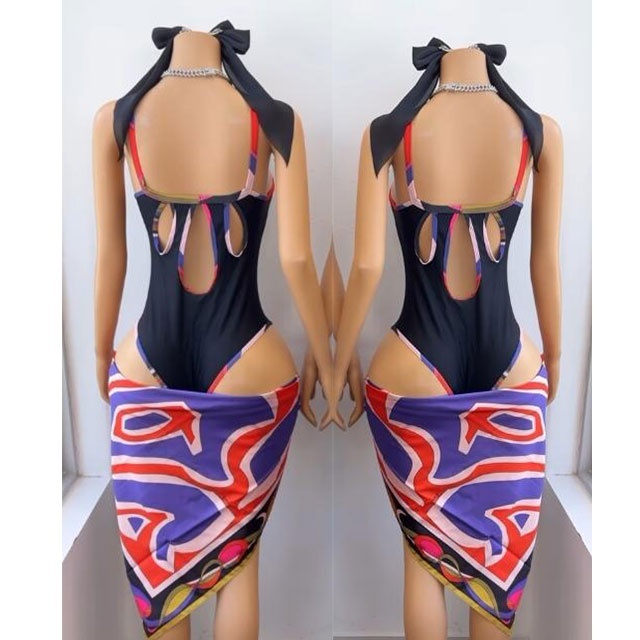 Contrast Color Printed One Piece Swimsuit