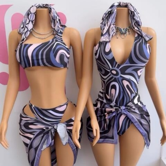 One Shoulder Printed Tankinis Bikinis Set with Scarf
