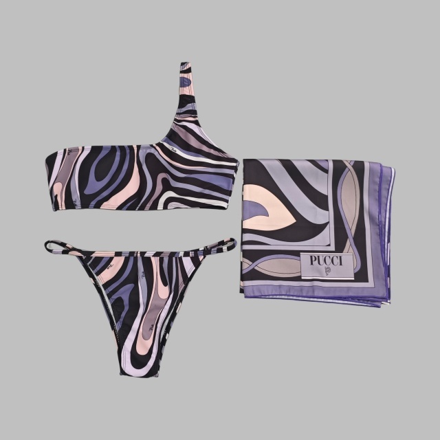 One Shoulder Printed Tankinis Bikinis Set with Scarf