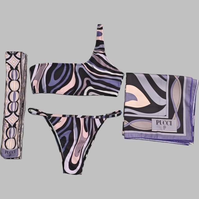 One Shoulder Printed Tankinis Bikinis Set with Scarf