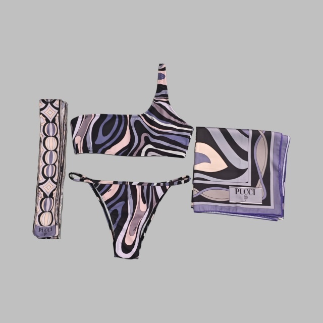 One Shoulder Printed Tankinis Bikinis Set with Scarf
