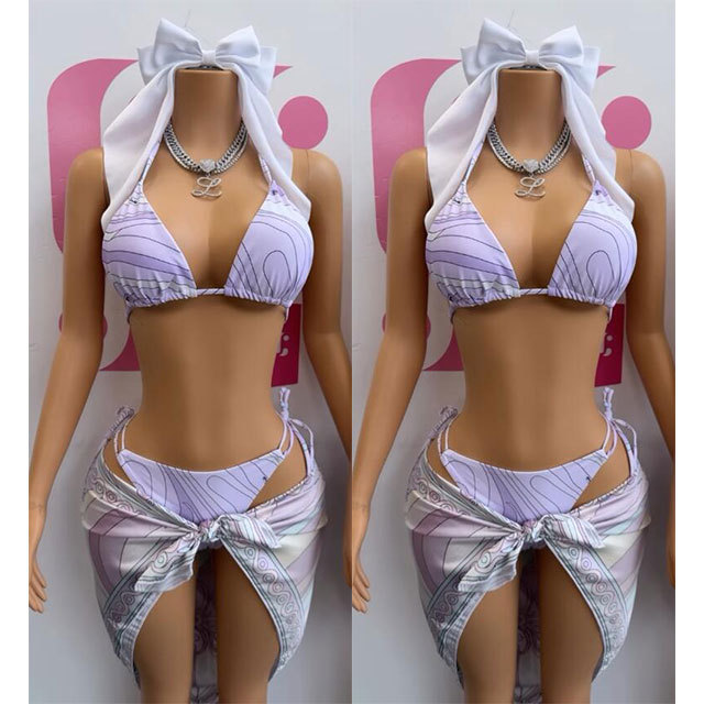 Pink Fashion Printed Bikinis Swimsuit Set with Scarf