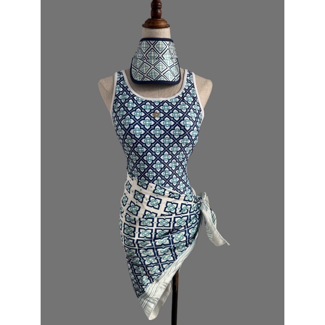 Printed Backless One Piece Swimsuit with Scarf