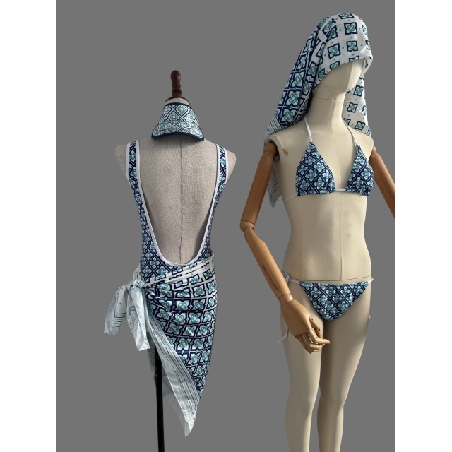 Printed Backless One Piece Swimsuit with Scarf