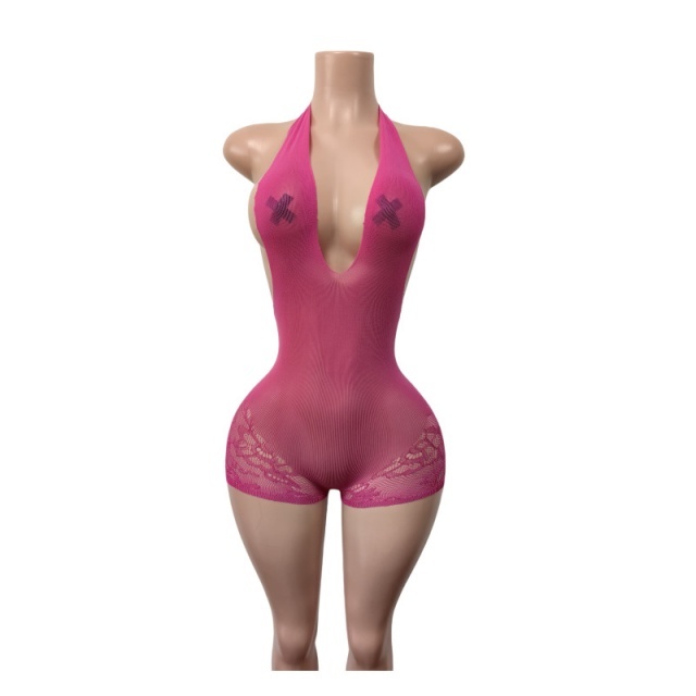 Halter V Neck Sheer Mesh Lingerie Romper