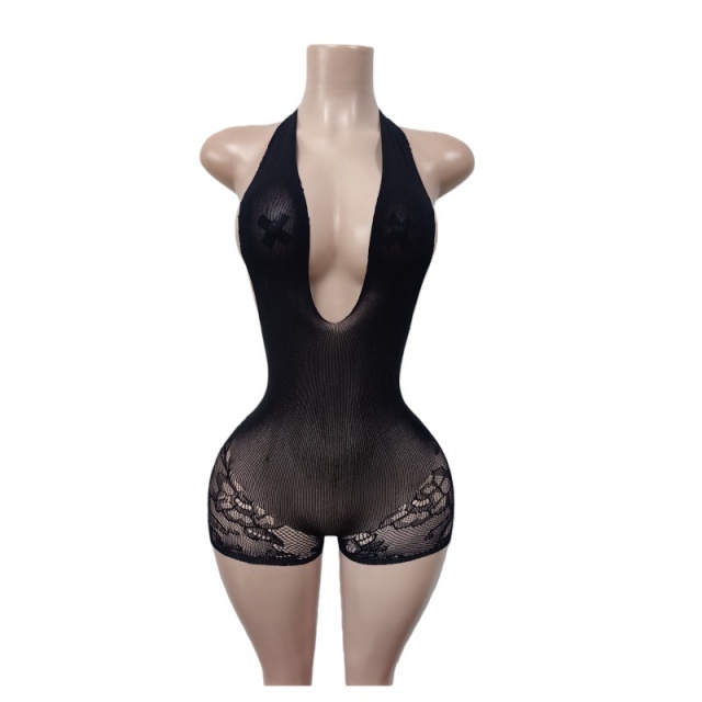 Halter V Neck Sheer Mesh Lingerie Romper