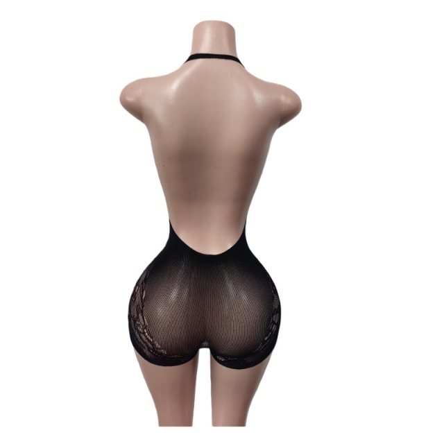 Halter V Neck Sheer Mesh Lingerie Romper