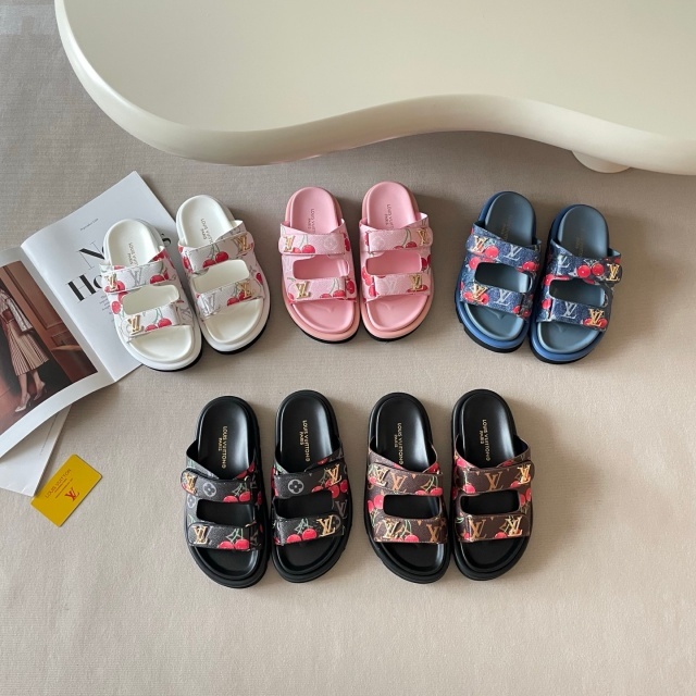 Fashion Cherry Print Velcro Flat Slides