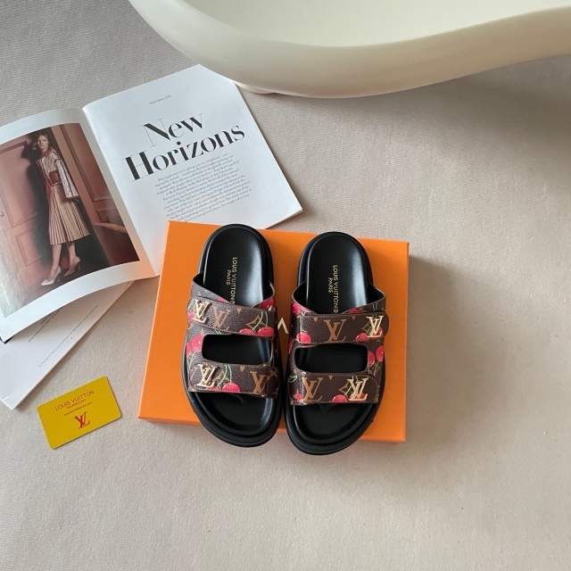 Fashion Cherry Print Velcro Flat Slides