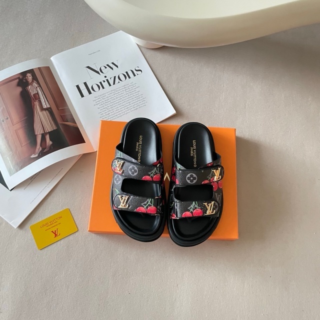 Fashion Cherry Print Velcro Flat Slides