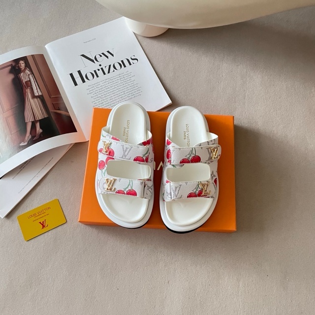 Fashion Cherry Print Velcro Flat Slides