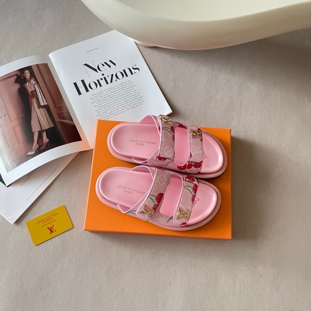 Fashion Cherry Print Velcro Flat Slides