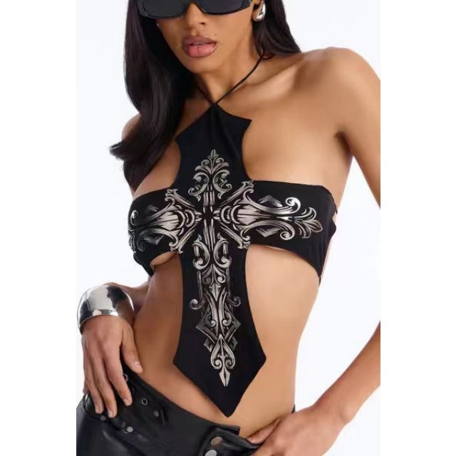 Halter Neck Printed Cross Crop Tank Top