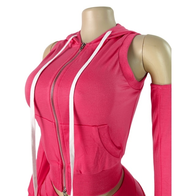 Hooded Zip-up Top Three-piece Sportswear Short Set