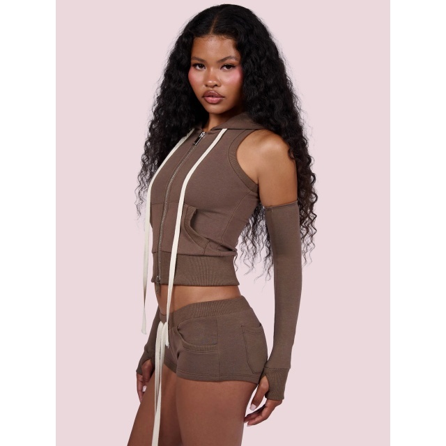 Hooded Zip-up Top Three-piece Sportswear Short Set
