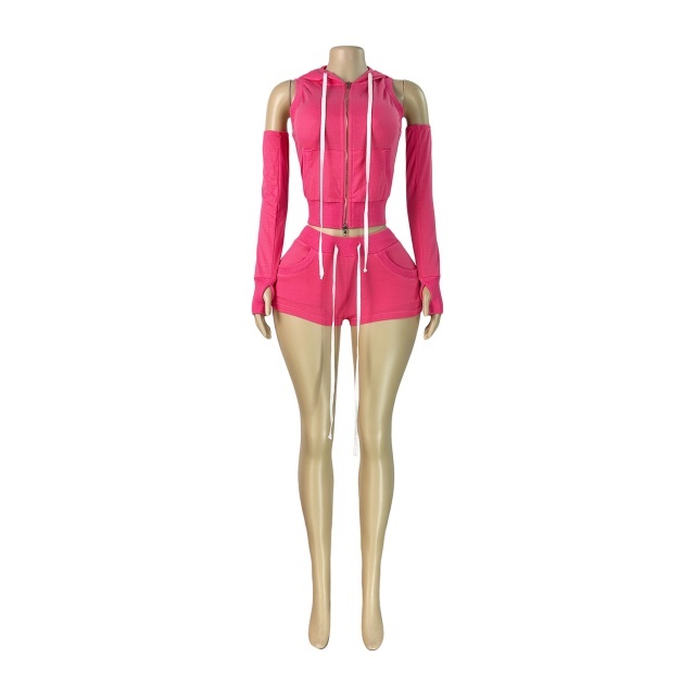 Hooded Zip-up Top Three-piece Sportswear Short Set