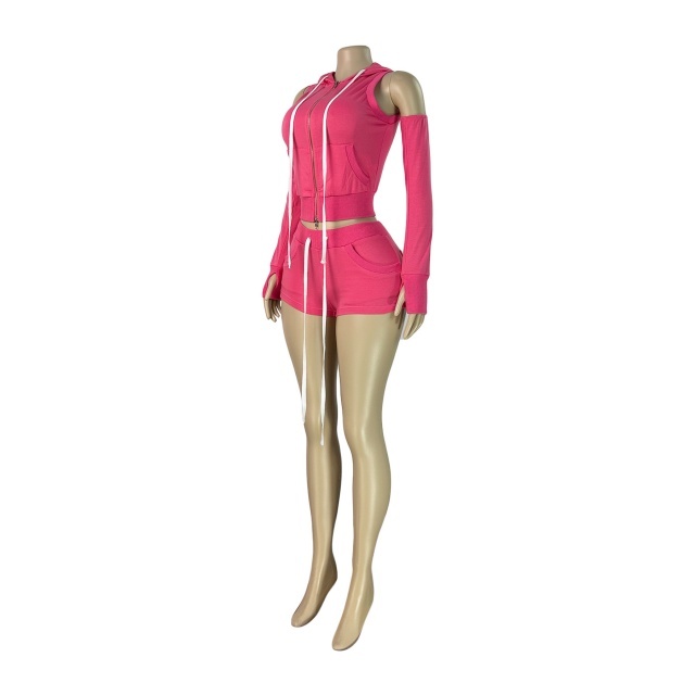 Hooded Zip-up Top Three-piece Sportswear Short Set