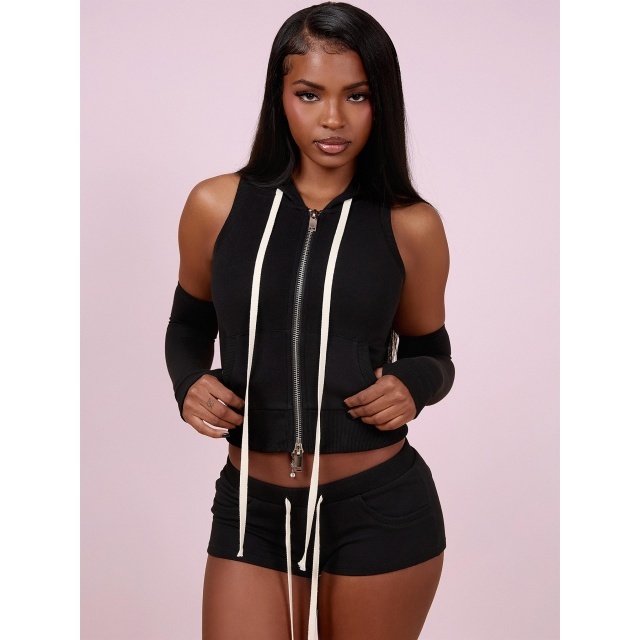 Hooded Zip-up Top Three-piece Sportswear Short Set