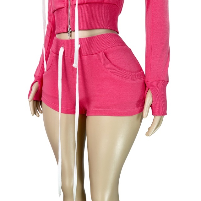Hooded Zip-up Top Three-piece Sportswear Short Set
