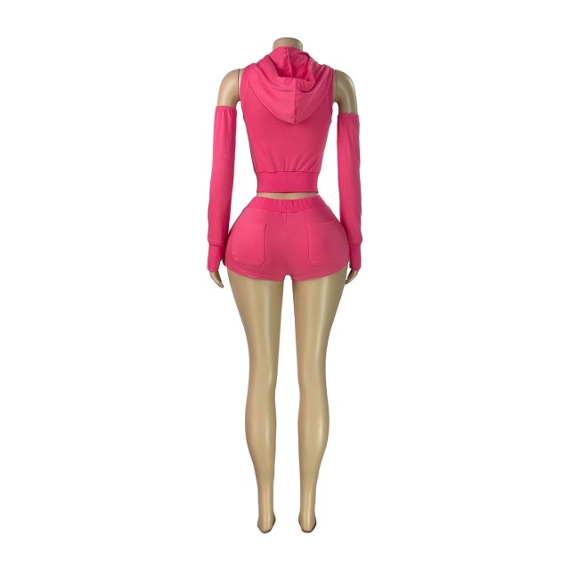 Hooded Zip-up Top Three-piece Sportswear Short Set
