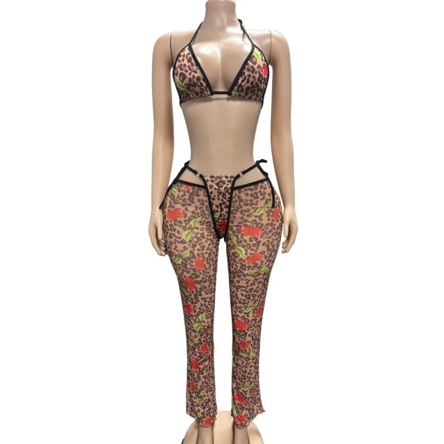 Leopard Printed Bra Top Hollow Out Pant Set