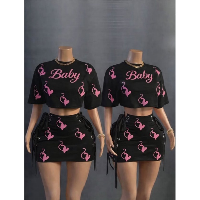 Printed Crop Top Laced-up Mini Skirt Set