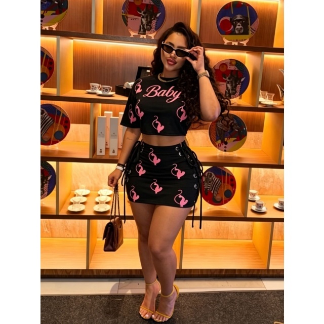 Printed Crop Top Laced-up Mini Skirt Set