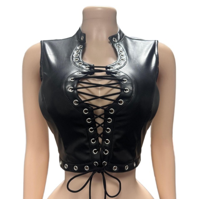 Vintage Style Hollow Out Laced-up PU Tank Top