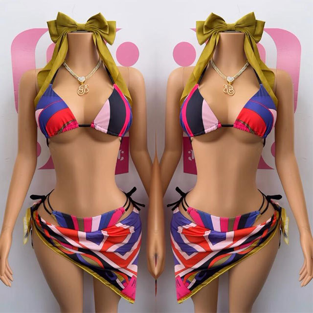 Colorful Printed Bikinis Swimsuit Set with Scarf