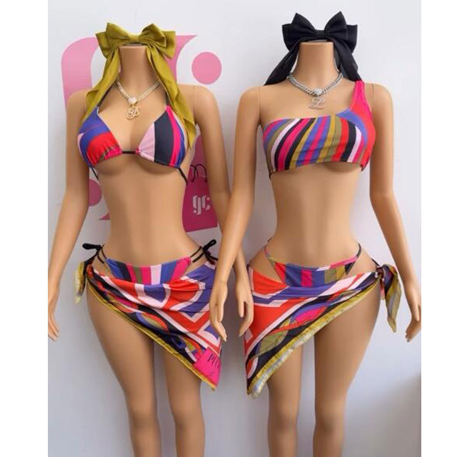 Colorful Printed Bikinis Swimsuit Set with Scarf