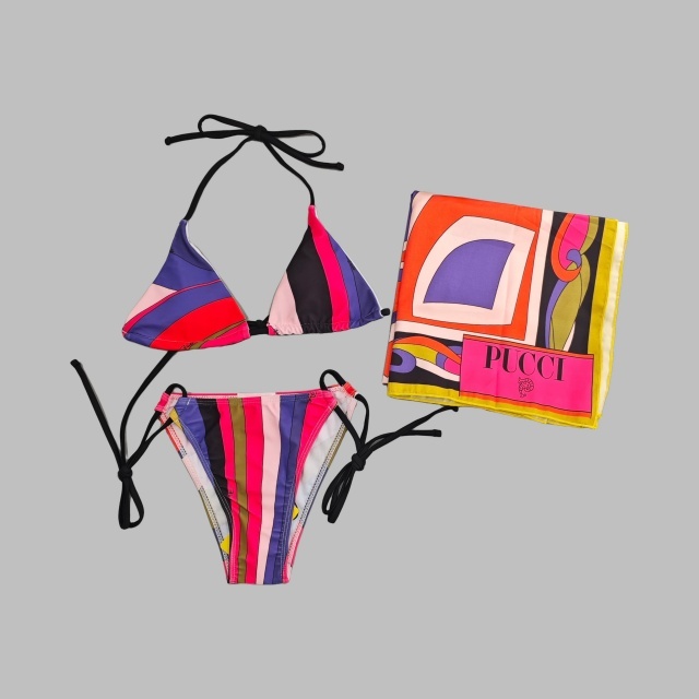 Colorful Printed Bikinis Swimsuit Set with Scarf