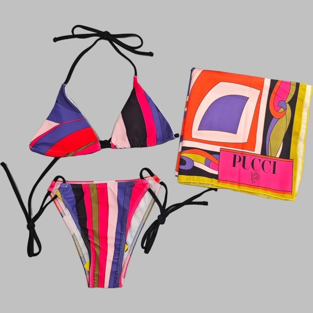 Colorful Printed Bikinis Swimsuit Set with Scarf
