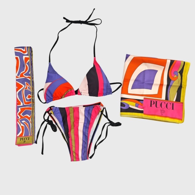 Colorful Printed Bikinis Swimsuit Set with Scarf