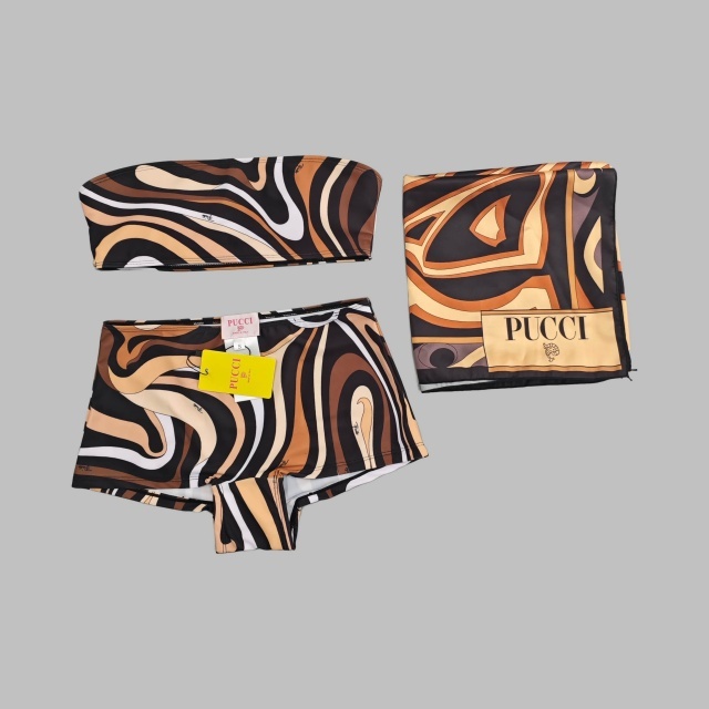 Striped Printed Tube Top High Waist Swimsuit Set with Scarf