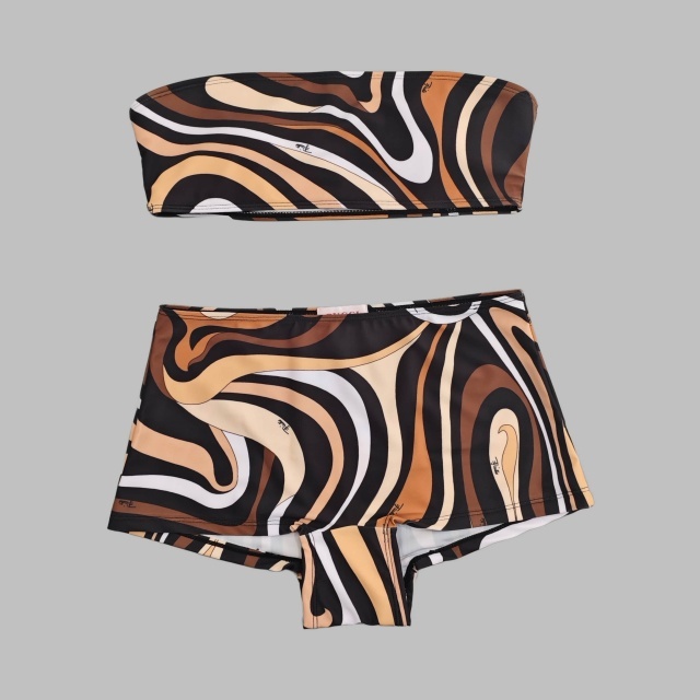 Striped Printed Tube Top High Waist Swimsuit Set with Scarf