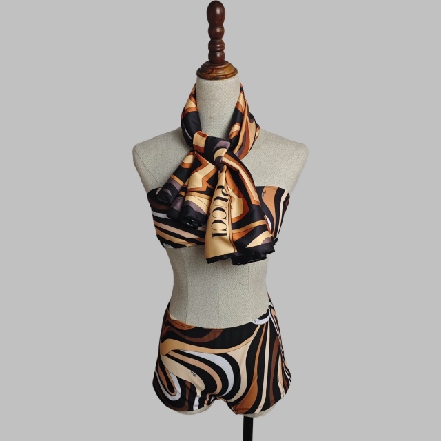 Striped Printed Tube Top High Waist Swimsuit Set with Scarf