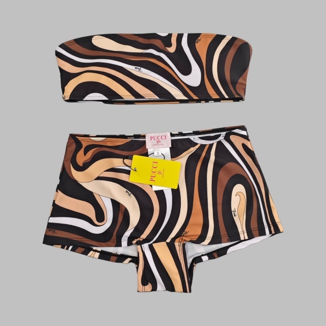 Striped Printed Tube Top High Waist Swimsuit Set with Scarf