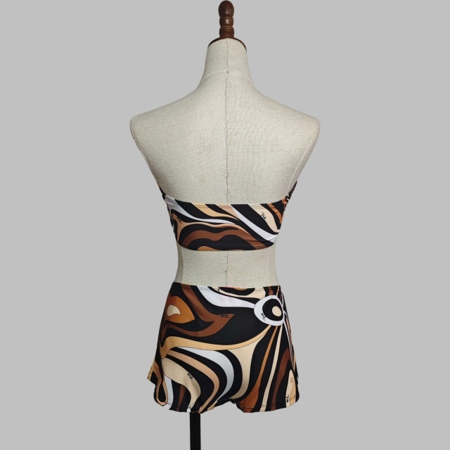 Striped Printed Tube Top High Waist Swimsuit Set with Scarf