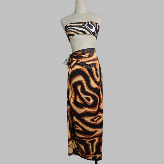 Striped Printed Tube Top High Waist Swimsuit Set with Scarf