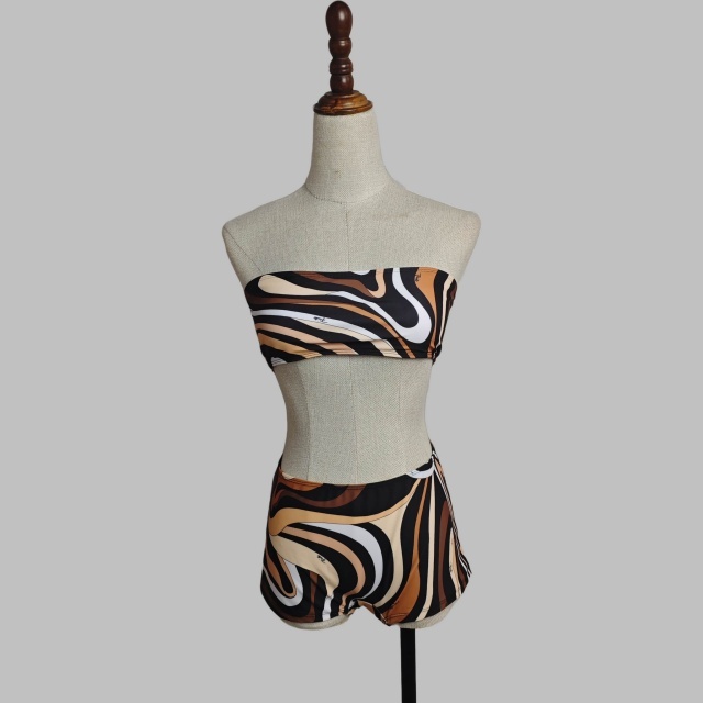Striped Printed Tube Top High Waist Swimsuit Set with Scarf