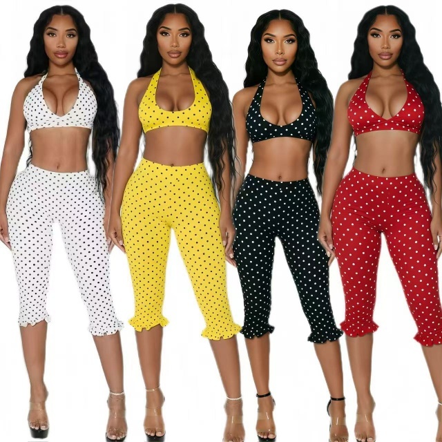 Dots Printed Crop Top Ruffled Fitted Midi Pant Set