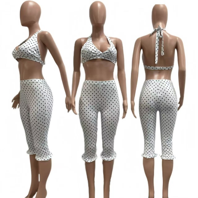 Dots Printed Crop Top Ruffled Fitted Midi Pant Set