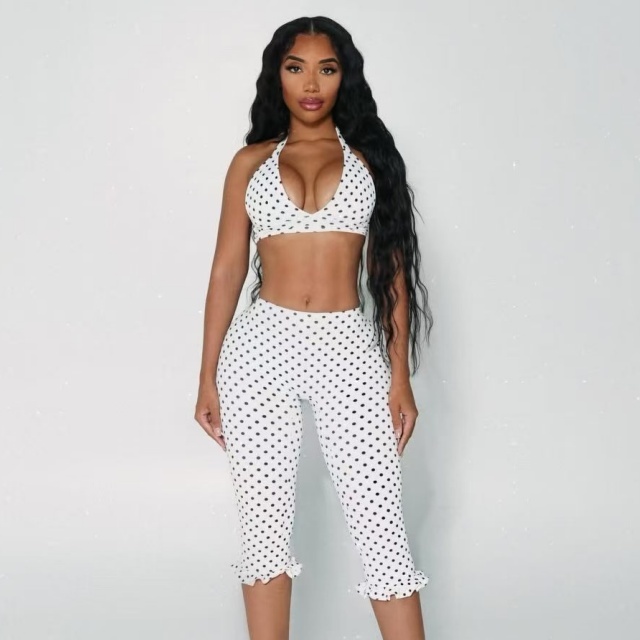 Dots Printed Crop Top Ruffled Fitted Midi Pant Set