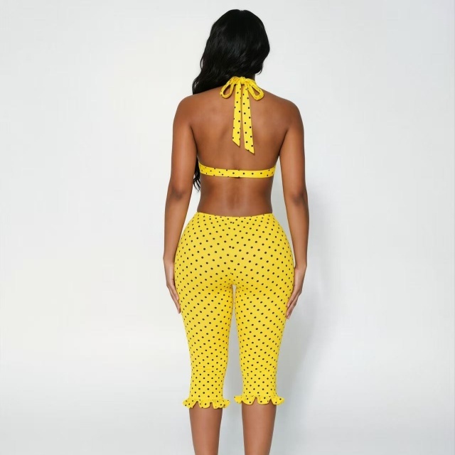 Dots Printed Crop Top Ruffled Fitted Midi Pant Set