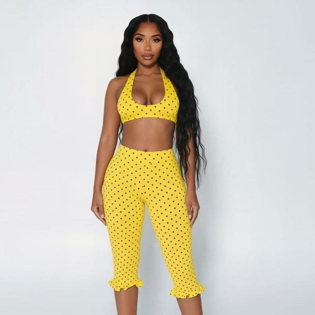 Dots Printed Crop Top Ruffled Fitted Midi Pant Set