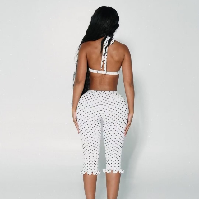 Dots Printed Crop Top Ruffled Fitted Midi Pant Set