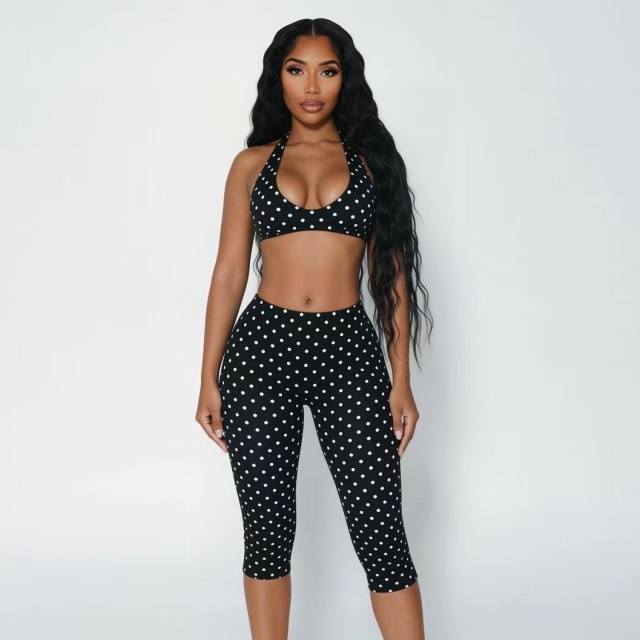 Dots Printed Crop Top Ruffled Fitted Midi Pant Set