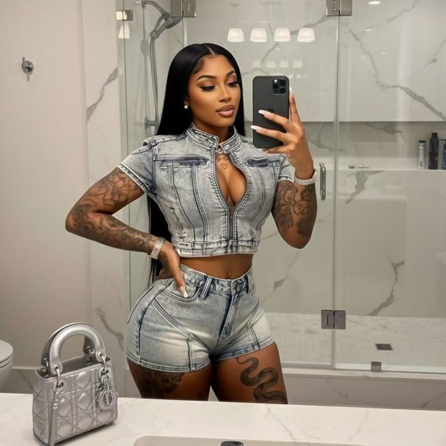 High-Stretch Washed Denim Casual Short Set