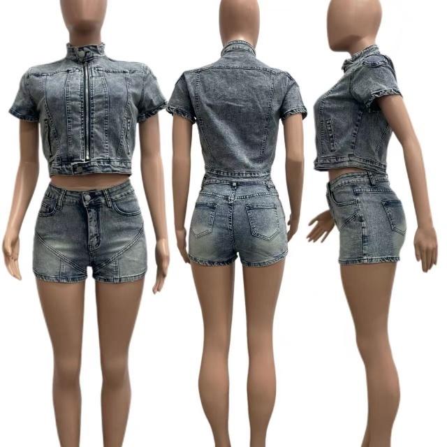 High-Stretch Washed Denim Casual Short Set